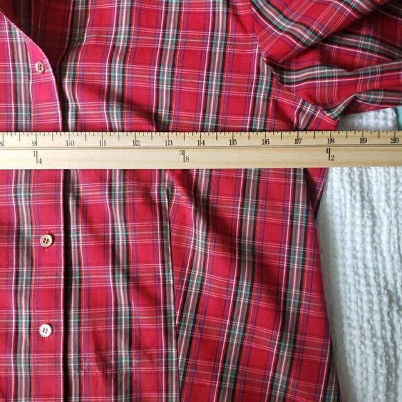 Talbots Non Iron Shirt Top Tartan Red Plaid Gold Button Holiday Womens Size 6p - Picture 10 of 10